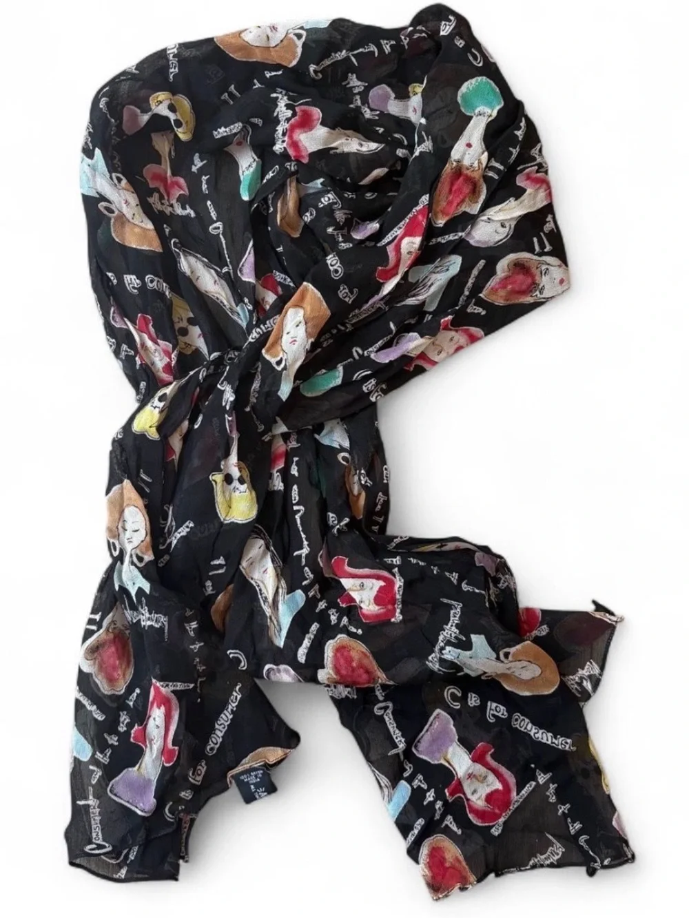 Vintage Graphic Print Silk Scarf Sheer Black Lightweight Pop Art